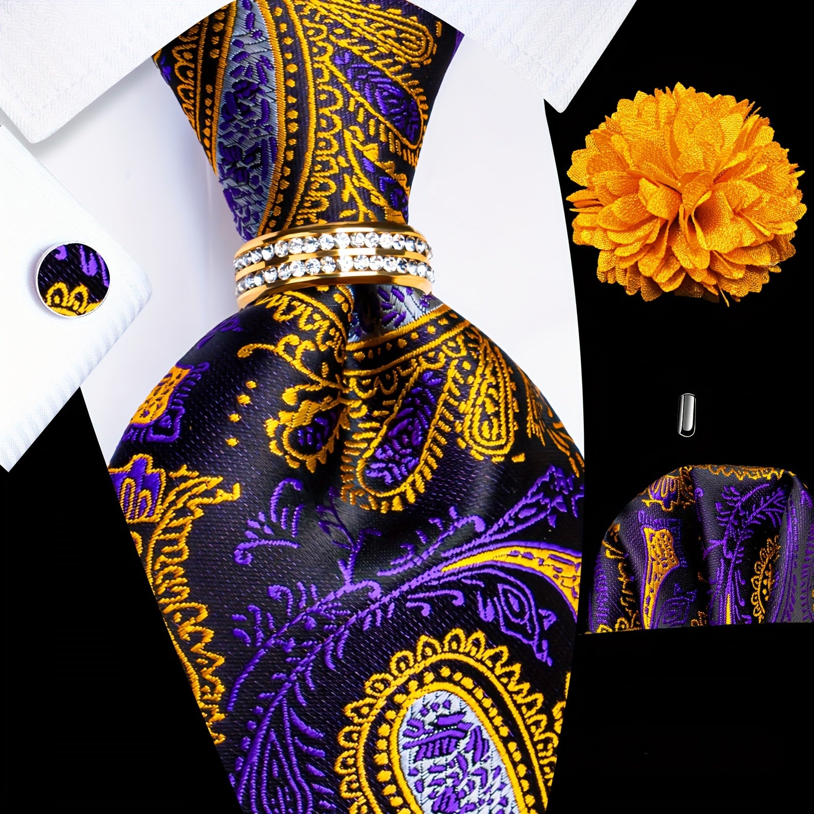 Men's Formal Tie Set with Pocket Square Cufflinks Tie Clip Lapel Pin and Ring for Weddings and Occasions