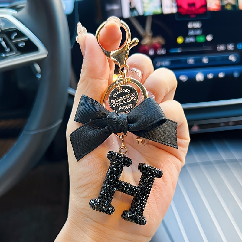 Black Bow and Rhinestone Alphabet Keychain Alloy Cartoon Charm for Bags and Cars