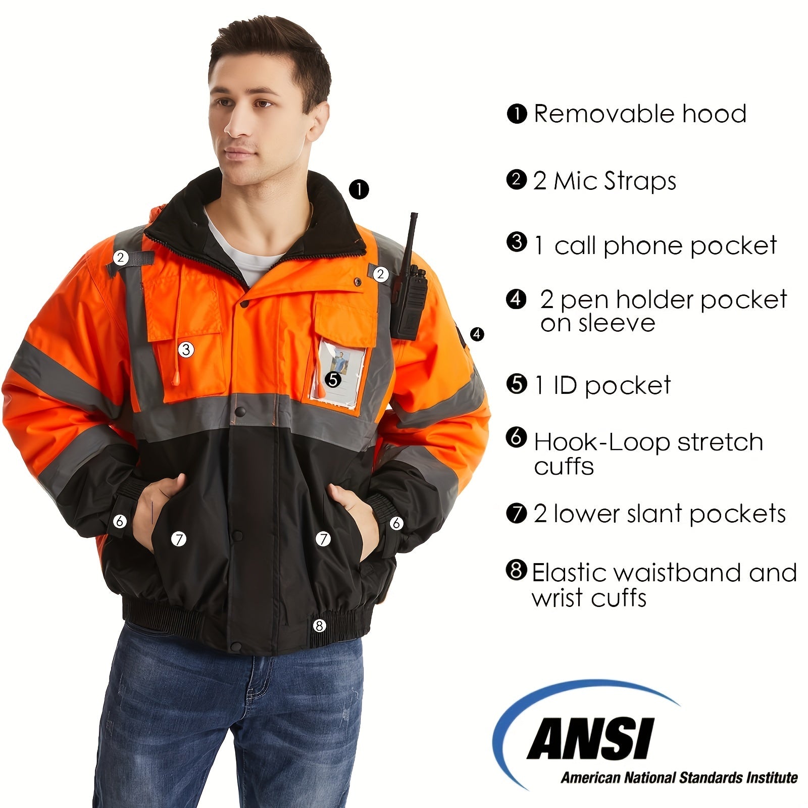 Erkaklar va ayollar uchun cho'zilgan ko'zga ko'rinadigan reflektiv xavfsizlik jeketi, cho'zilgan va sovuq ob-havo qurilish ishlari uchun mos. DP Safety tomonidan ishlab chiqarilgan ish palto.