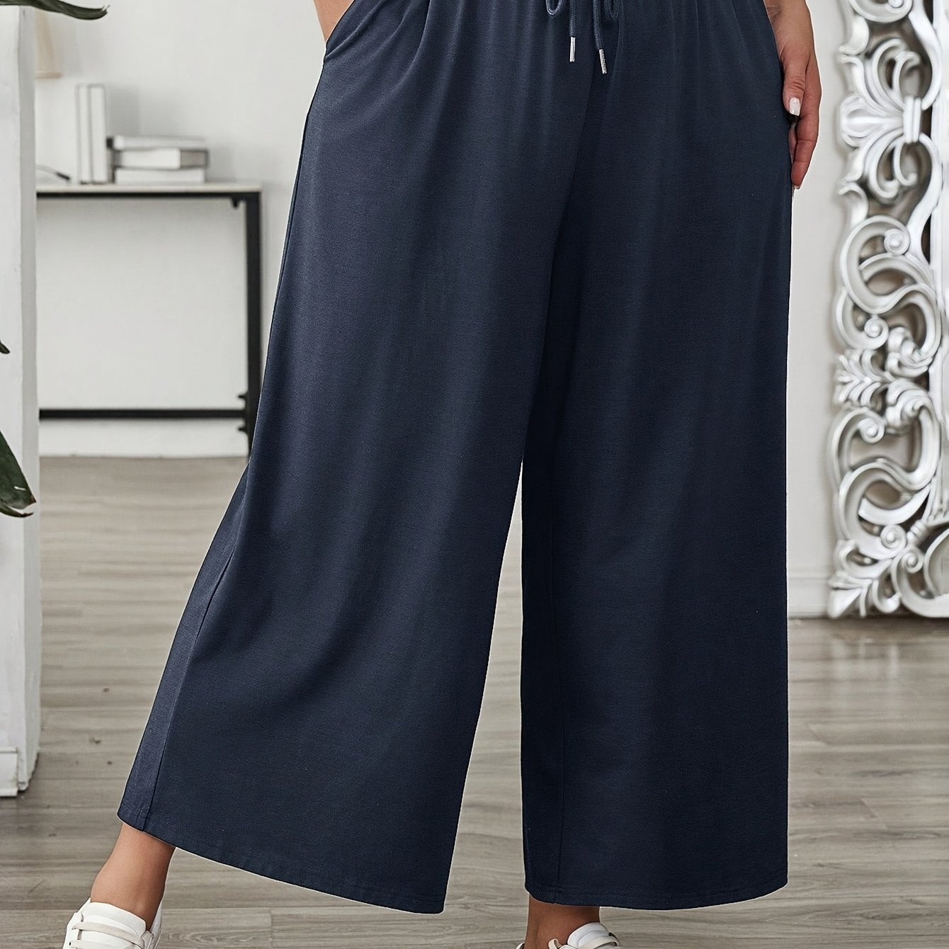 Plus Size Women's Solid Color Elastic Waist Wide Leg Pants Casual Summer