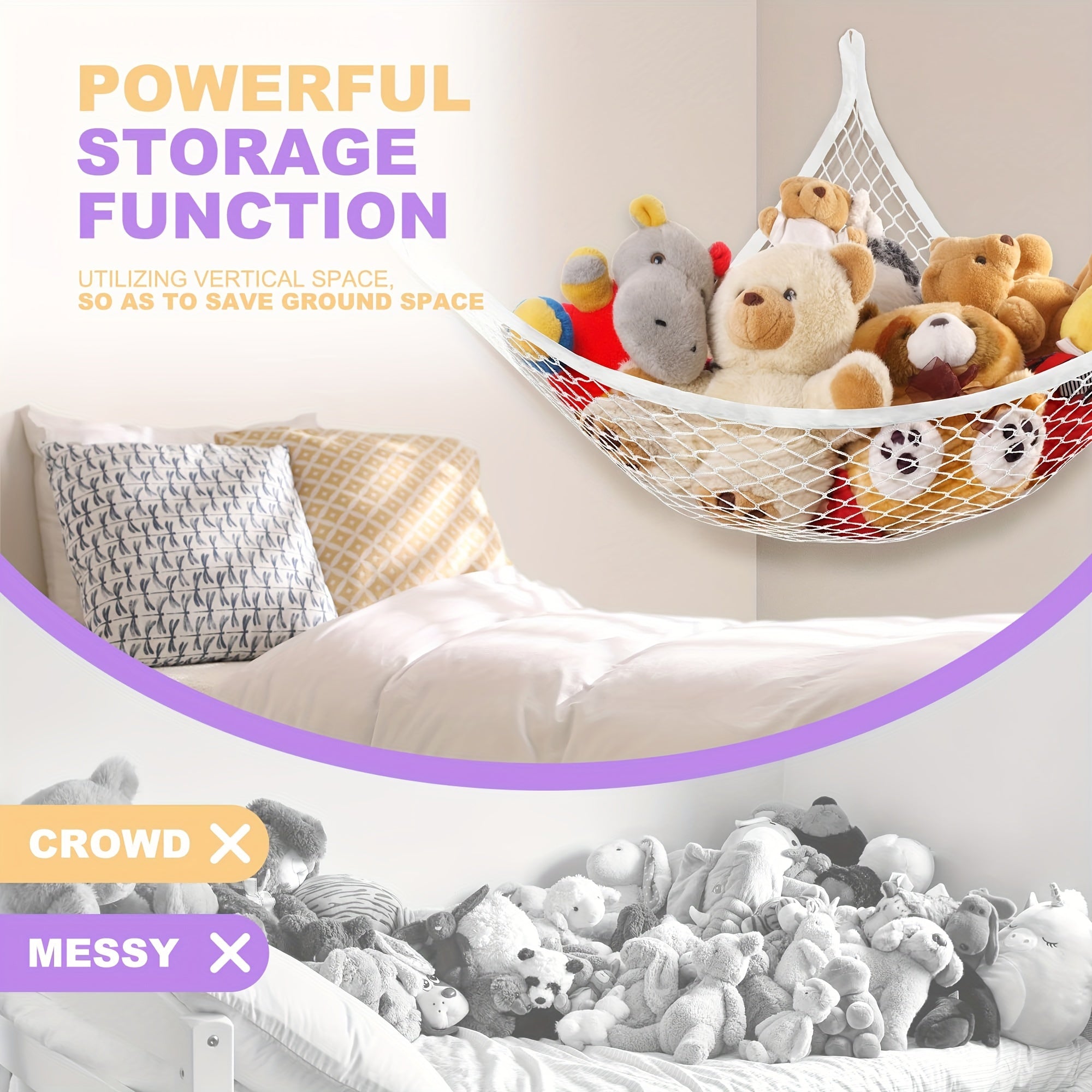 Wall Organizer for Doll Collections with Hooks and Net Hammock for Plush Toys