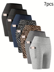 Pantalones capri de cintura alta elásticos para mujer con bolsillos en forma de luna creciente, pack de 7, negro