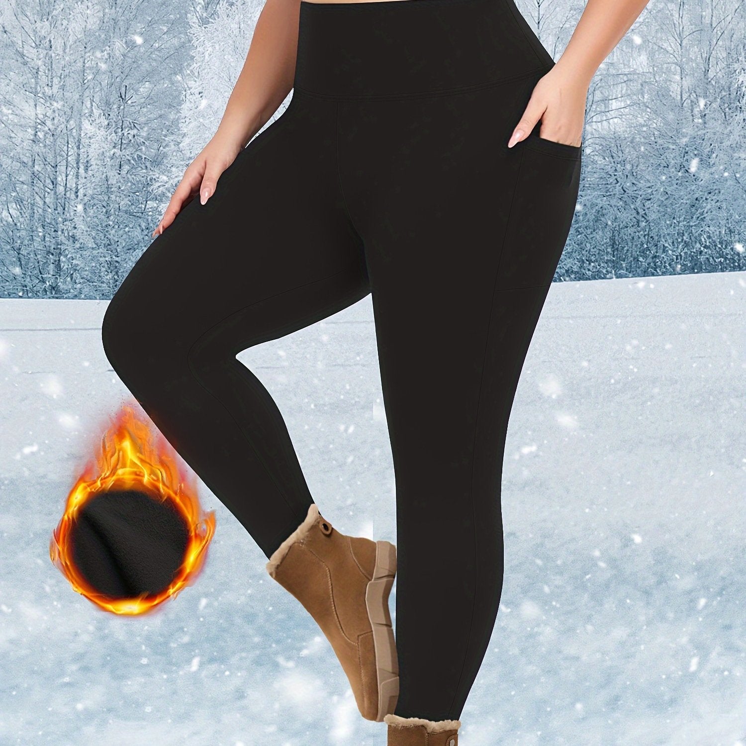 Plus Size Warm Plush Lined High Waist Leggings With Pockets for Women
