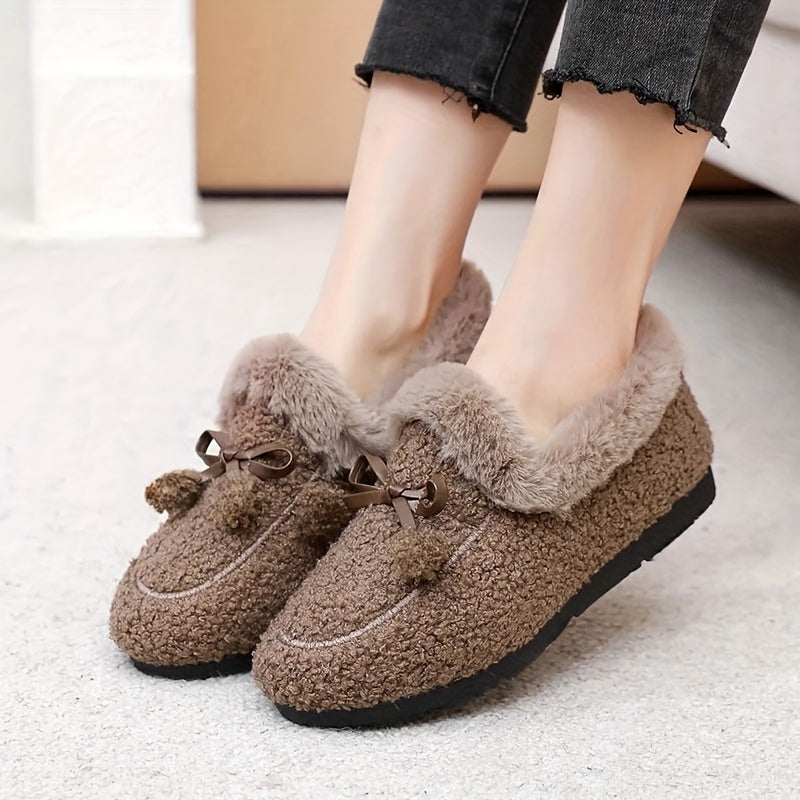 Women's Fleece-Lined Loafers Slip-Ons with Bow, All-Season Comfort