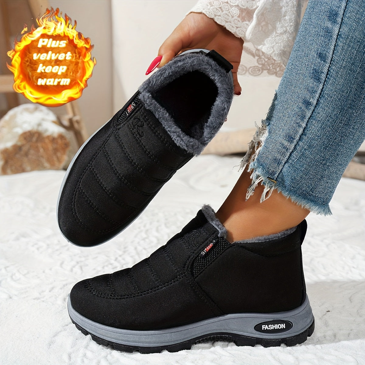 Women's Fleece-Lined Short Boots Black Red Winter Outdoor Shoes