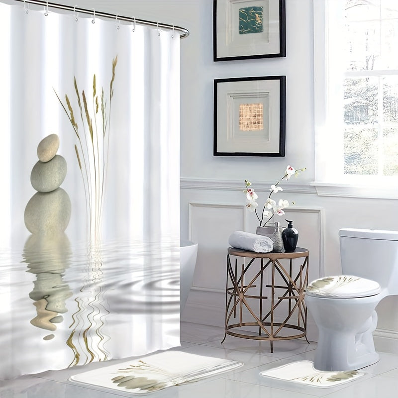 4-Piece Shower Curtain Set Waterproof Non-Slip Rugs Bath Mat Toilet Lid Cover 180x180cm