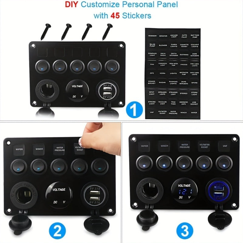 Multi-Function 5 Gang Rocker Switch Panel with USB Charger Volt and Fuse