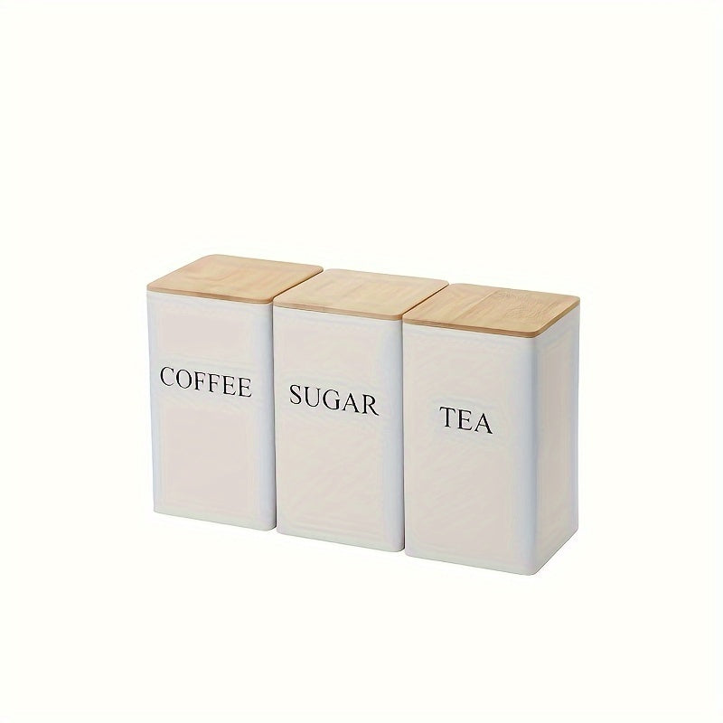 Square Metal Canisters Set of 3 with Bamboo Lids for Tea Coffee Sugar Storage