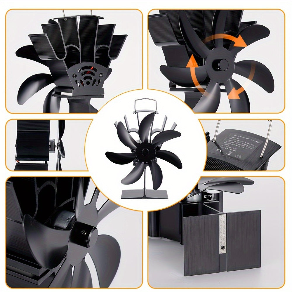 Black 7-Blade Fireplace Fan Heat Powered Stove Fan Portable Indoor Outdoor