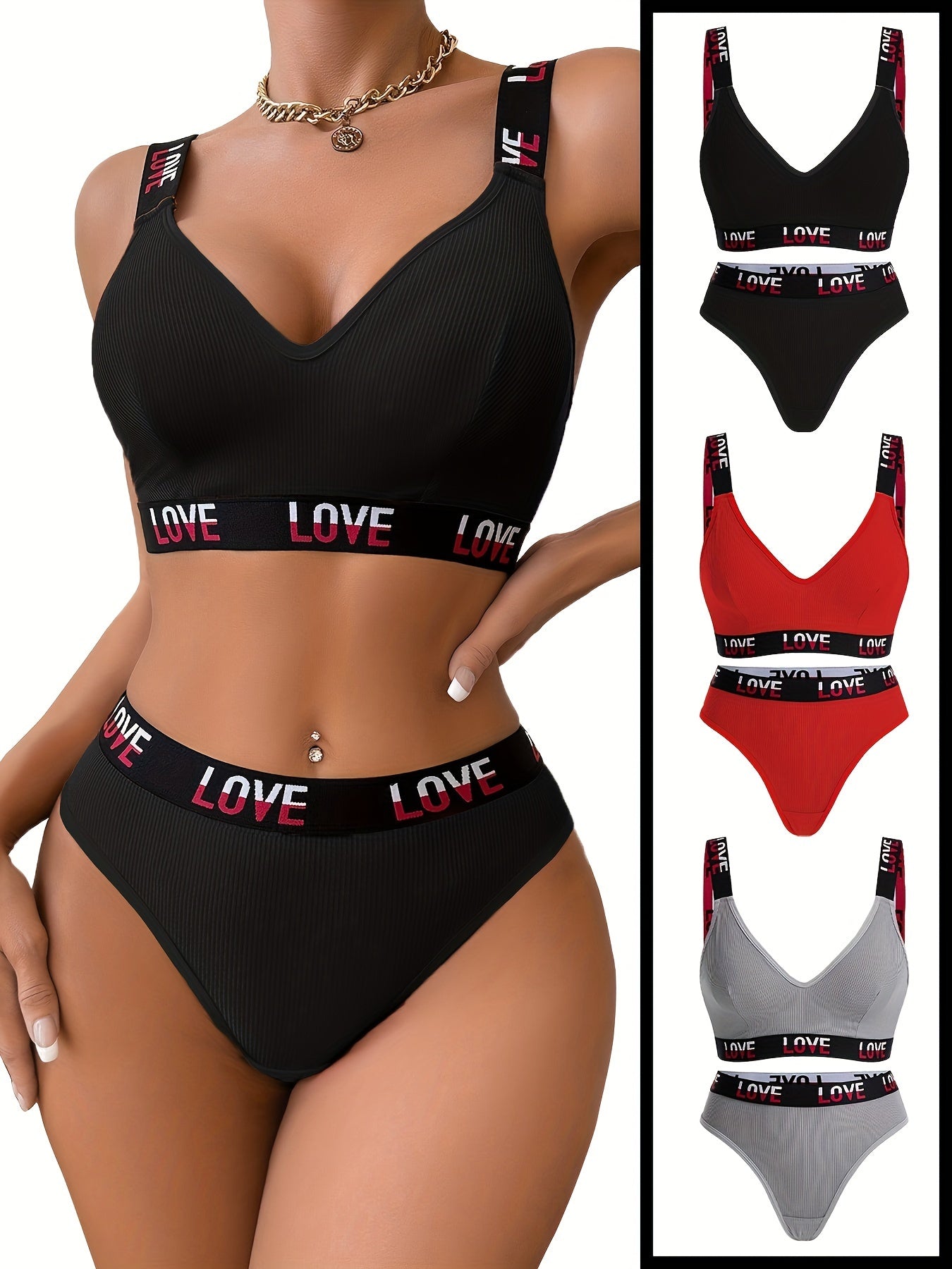 Set of 3 Wireless Ribbed Lace Lingerie Bras and Panties for Women