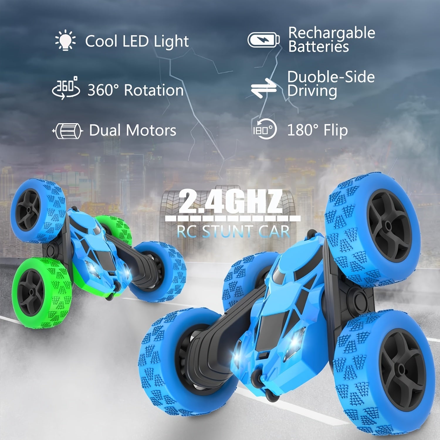 Coche de acrobacias RC para niños de 2.4GHz, rotación de 360°, 4WD, faros LED, batería recargable