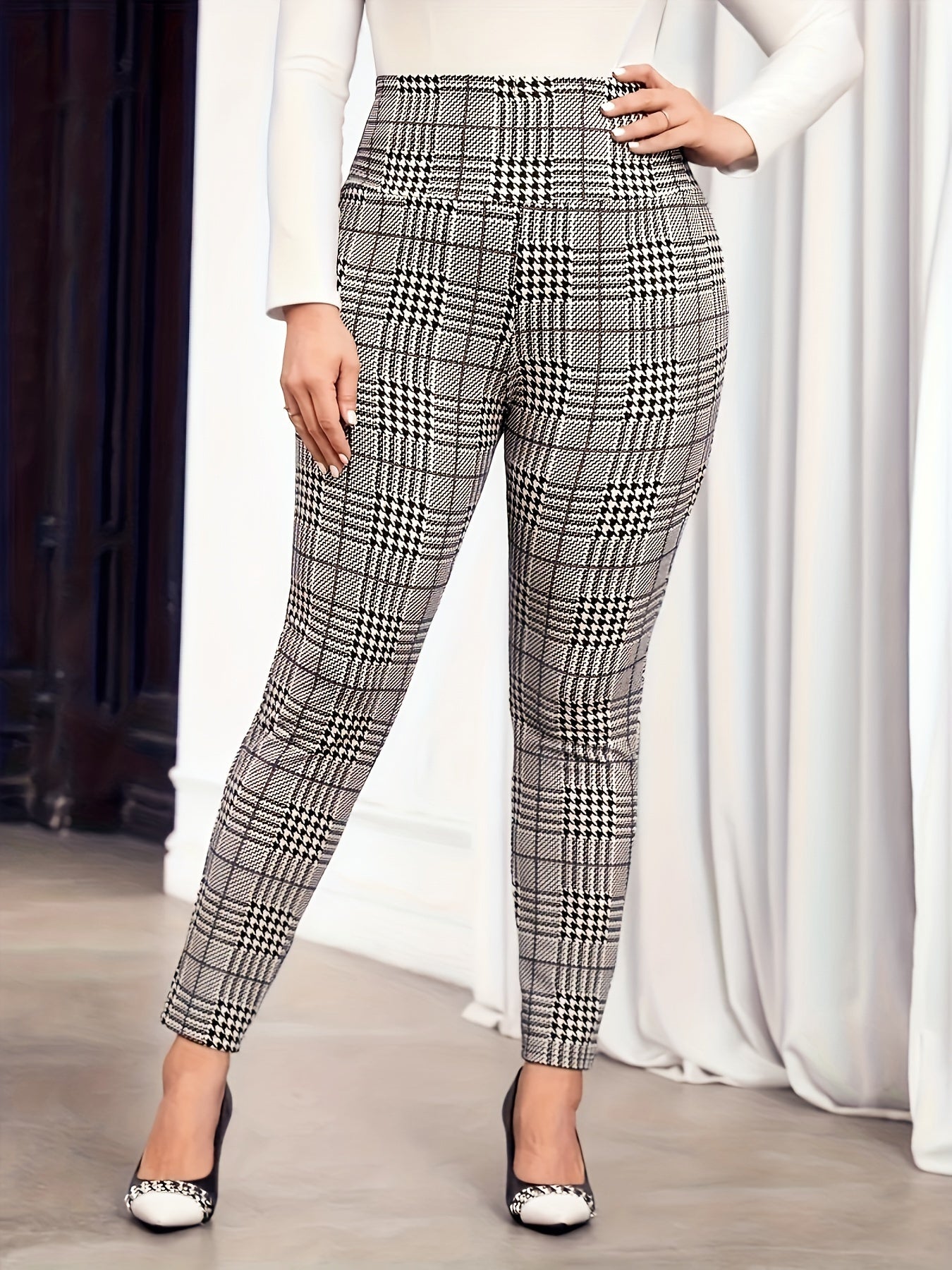 Plus Size Houndstooth Leggings High Waist Stretchy Non-See-Through All Seasons