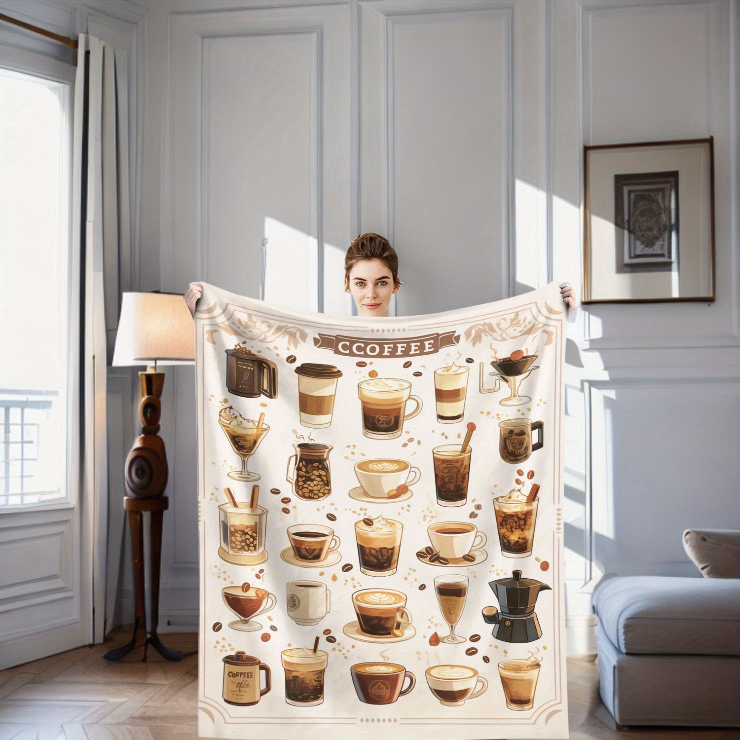 Contemporary Flannel Fleece Throw Blanket with Coffee Print Soft Polyester All-Season Home Decor