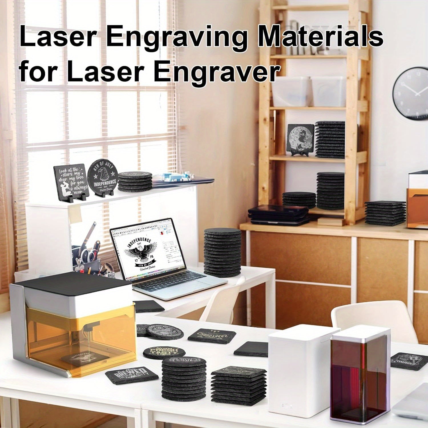 48 posavasos de pizarra negra de 10.16 cm con grabado láser personalizable y posavasos de piedra natural