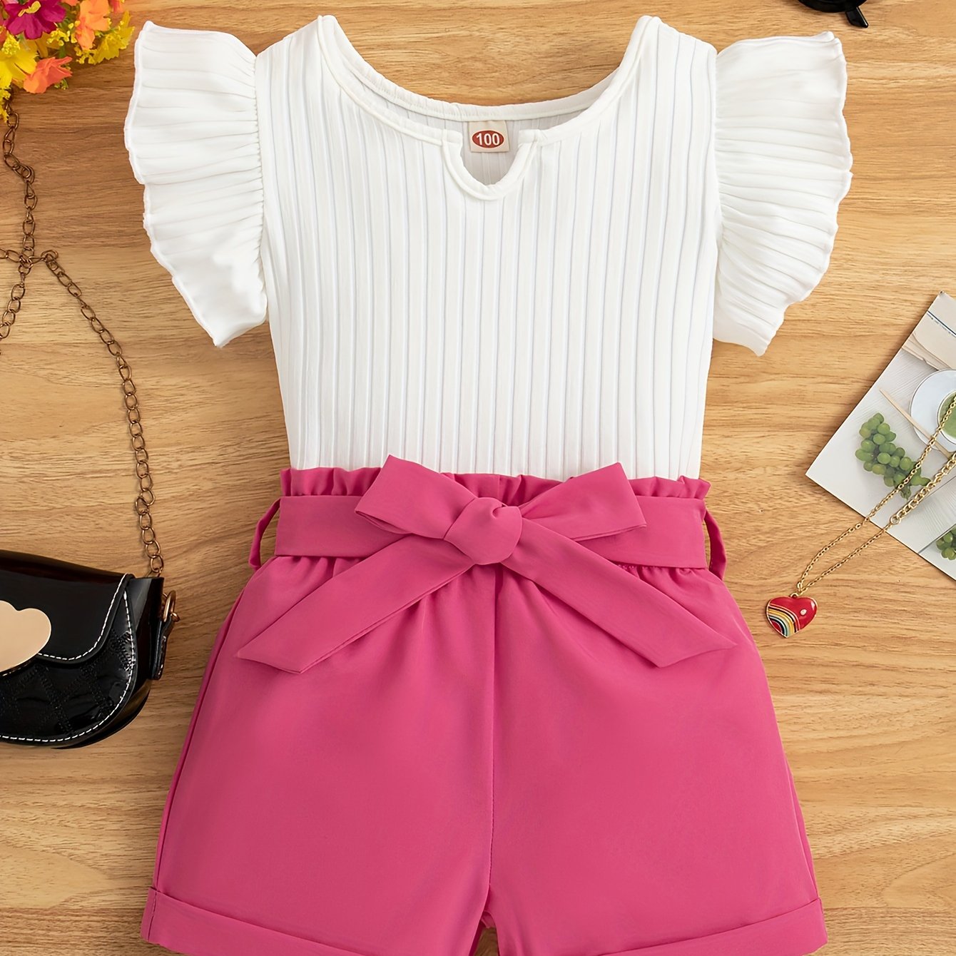 Girls Summer Outfit Set with Top and Shorts Bow Belt Solid Color Sleeveless Casual