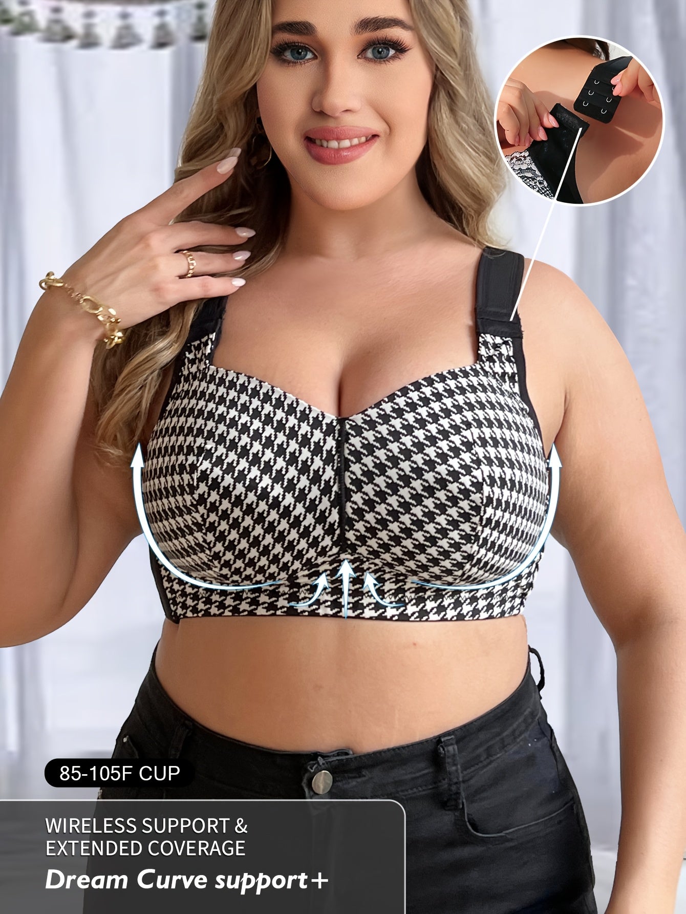 Plus Size Houndstooth Bralette Wireless No Padding Medium Stretch Knit Fabric