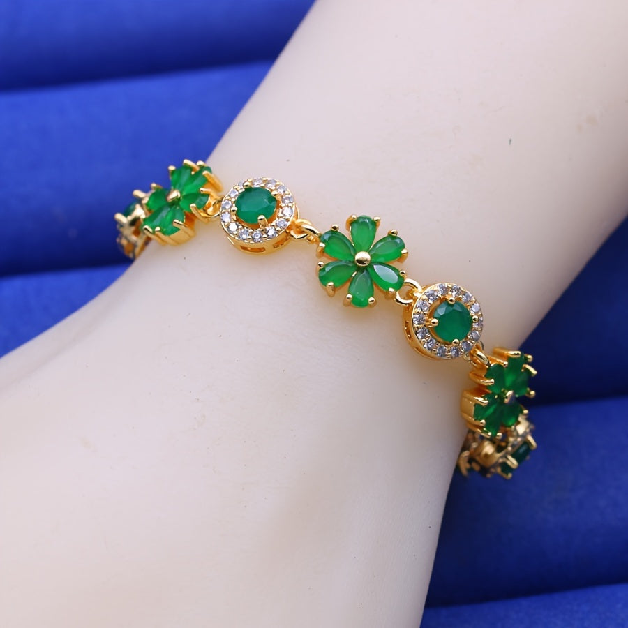 Copper Flower Link Chain Necklace with Synthetic Emerald and Rhinestones for Women