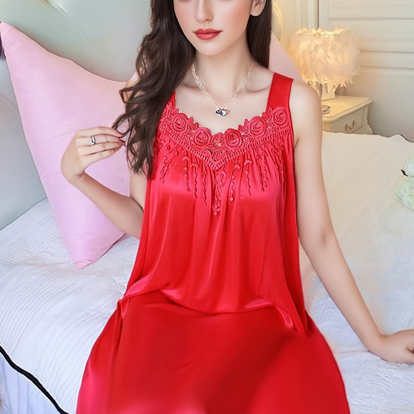 Plus Size Women's Spaghetti Strap Silk Sleep Dress Red Lounge Nightgown