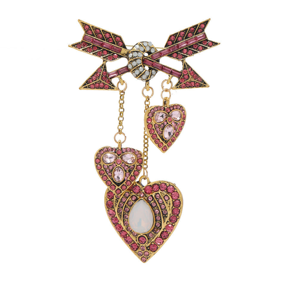 Vintage Heart Brooch with Cupid Arrow and Tassel Accent