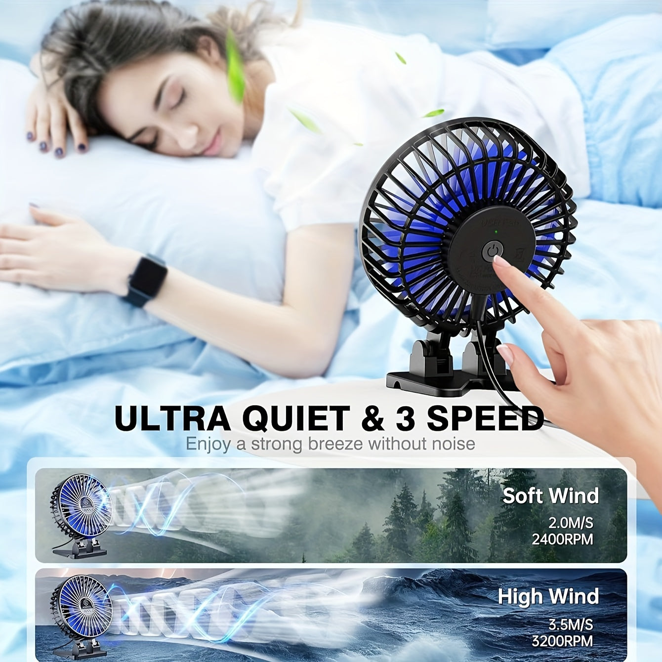 Mini USB Desk Fan Black Blue 3 Speed Portable Cooling for Home Office Travel