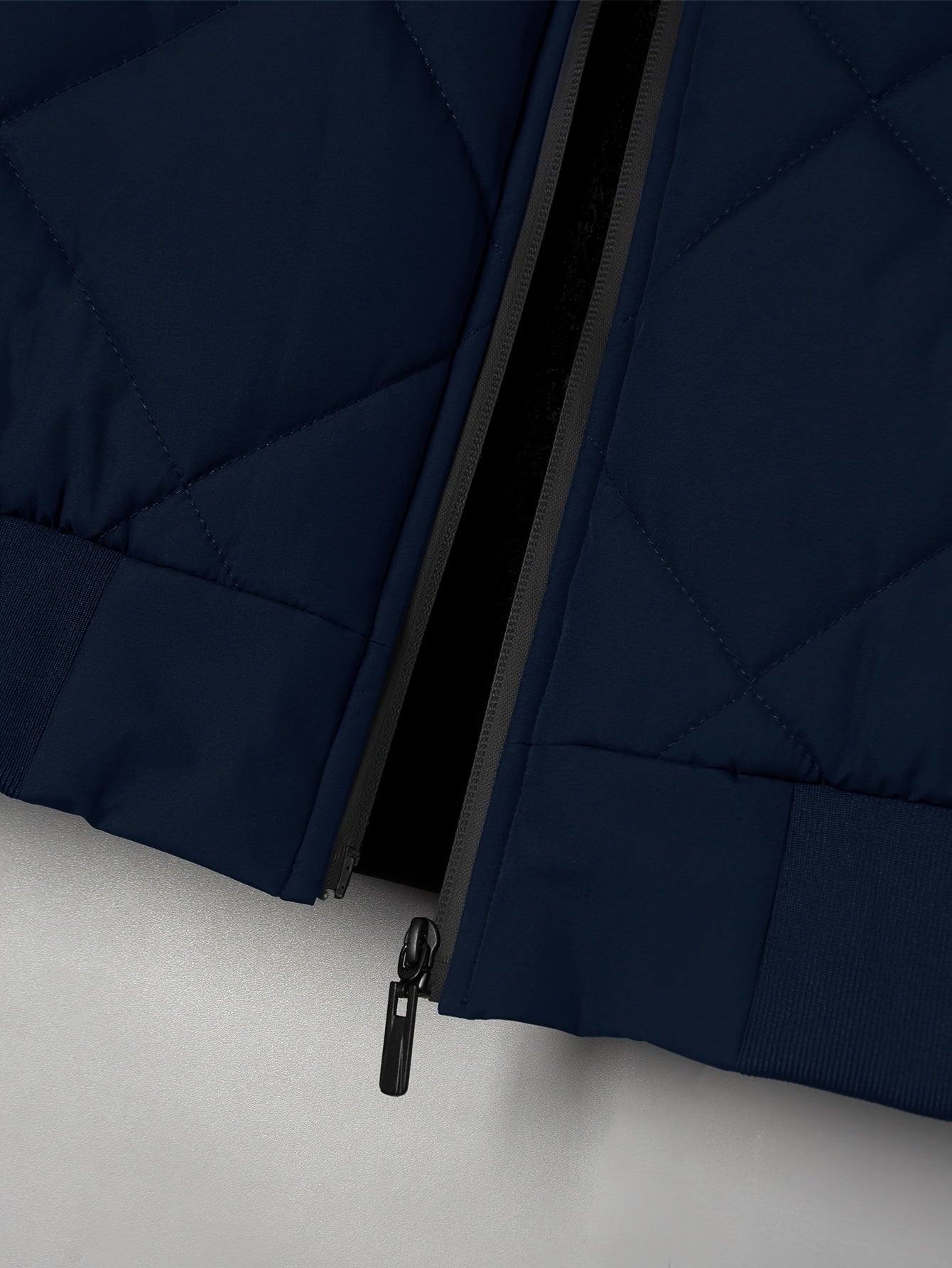 Men's Black Quilted Bomber Jacket with Zipper Closure Stand Collar for Fall Winter