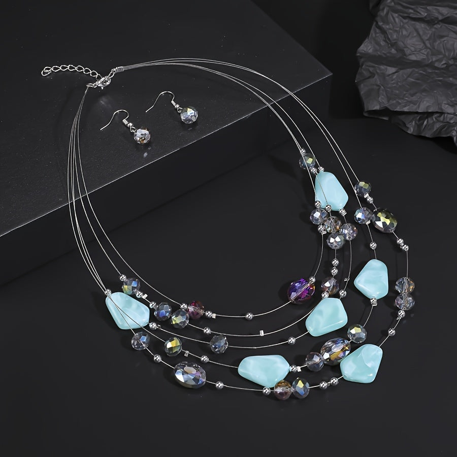 Boho Punk Jewelry Set Geometric Resin Beaded Necklace and Earrings for Women