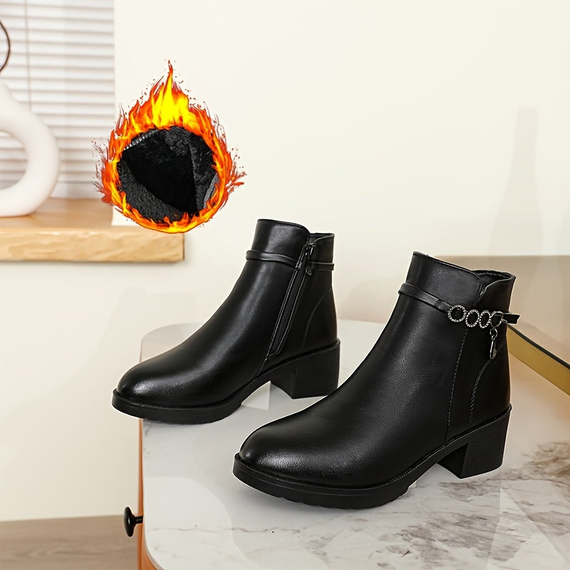 Женские ботинки на меху с утеплителем по щиколотку и массивной каблуком, противоскользящая боковая молния