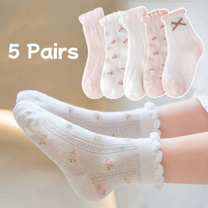 Girls' Mesh Socks with Bowknots Floral Pattern for Spring Summer Set of 5