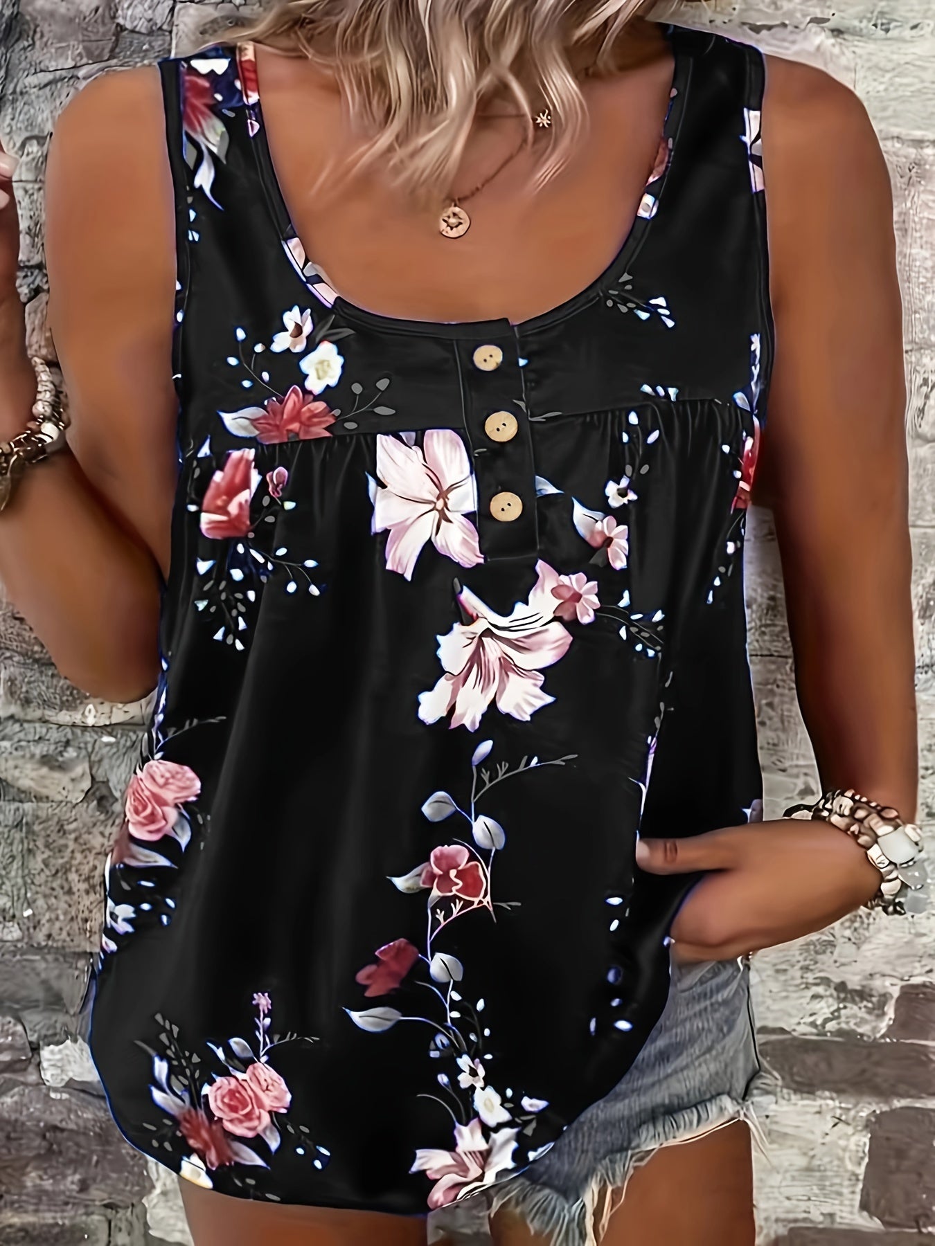 Plus Size Floral Print Tank Top Sleeveless Summer Casual Women