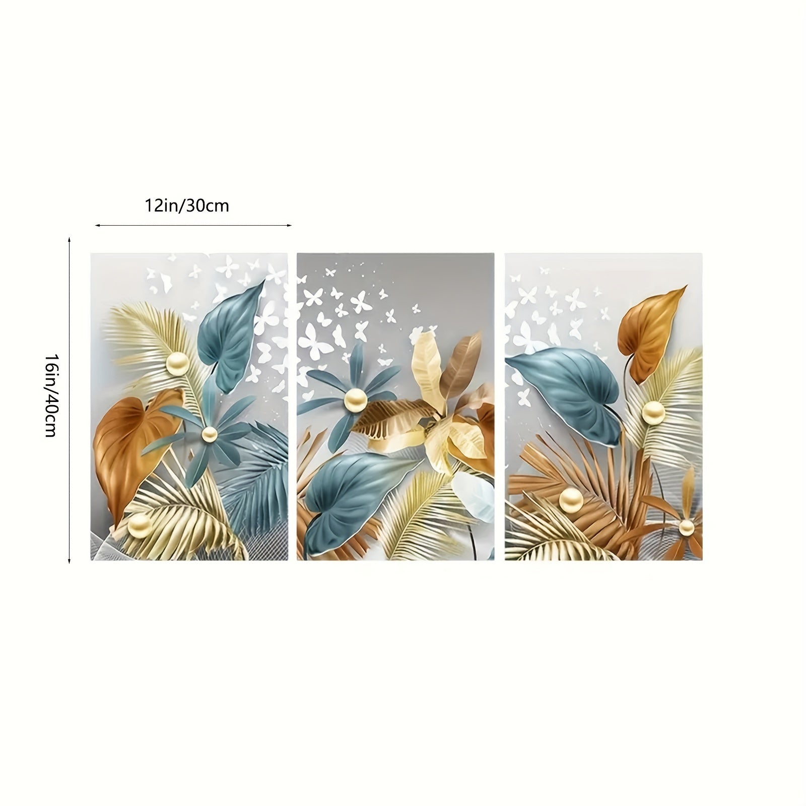 Frameless Canvas Wall Art Set of 3 Golden Butterfly Leaves Portrait 12x16 Inches