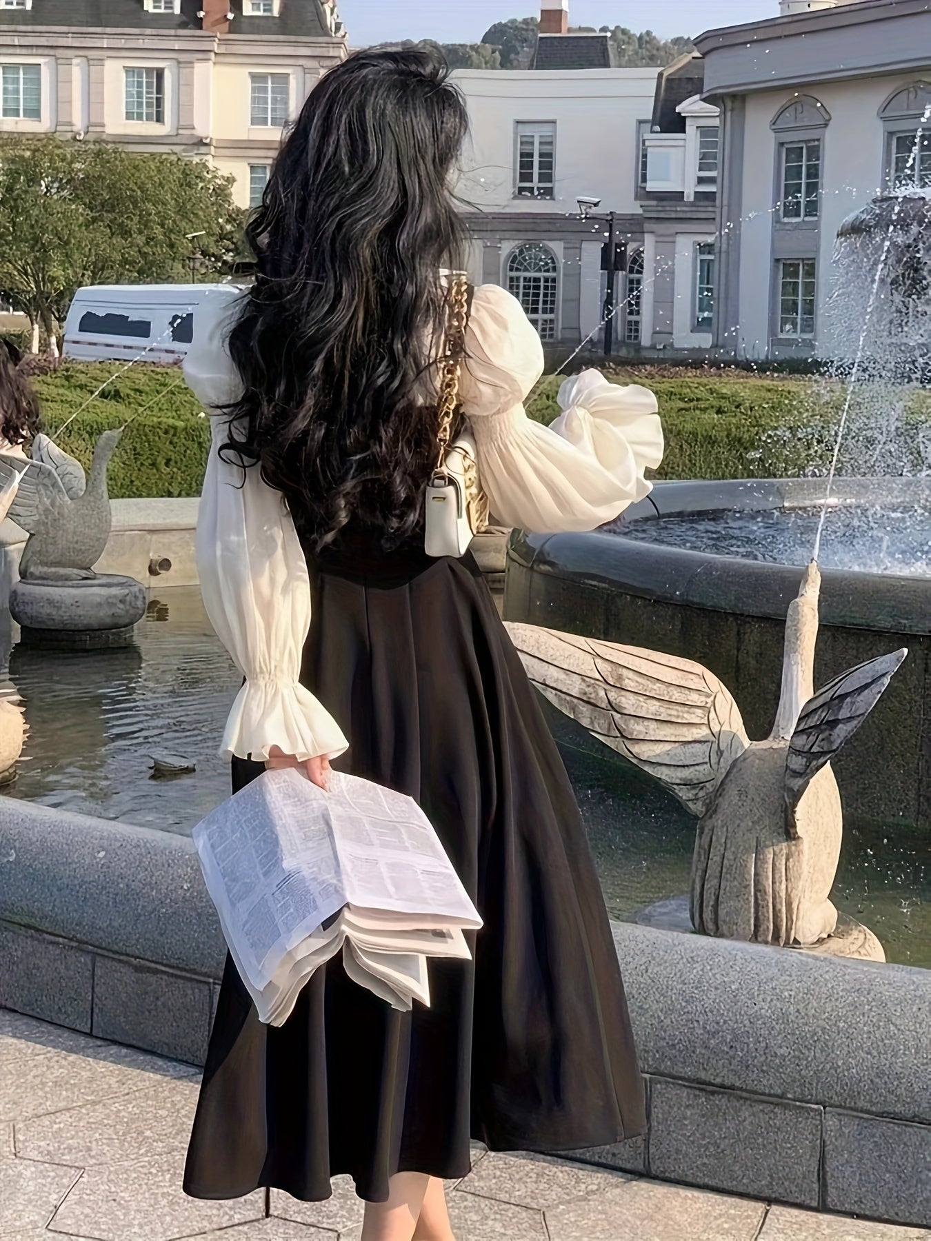 Women's Bubble Sleeve Dress Polyester Solid Color Elegant Flared Spring Summer Fall