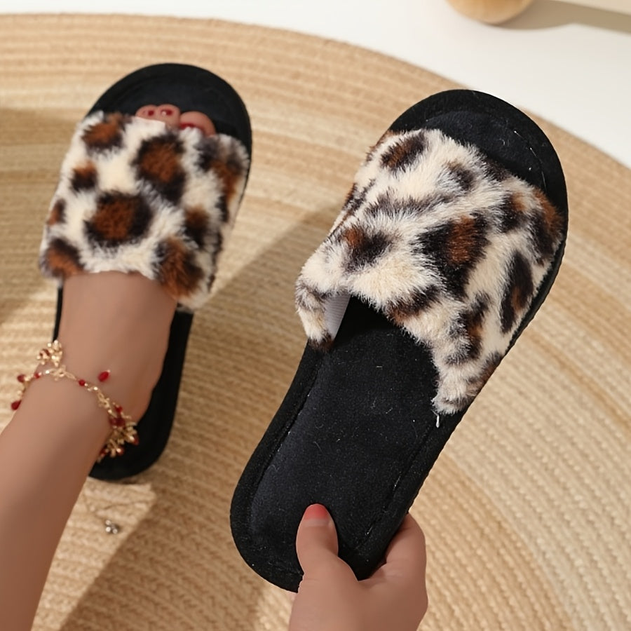 Women’s Leopard Print Plush Slippers with EVA Sole Indoor Outdoor Reliable Grip