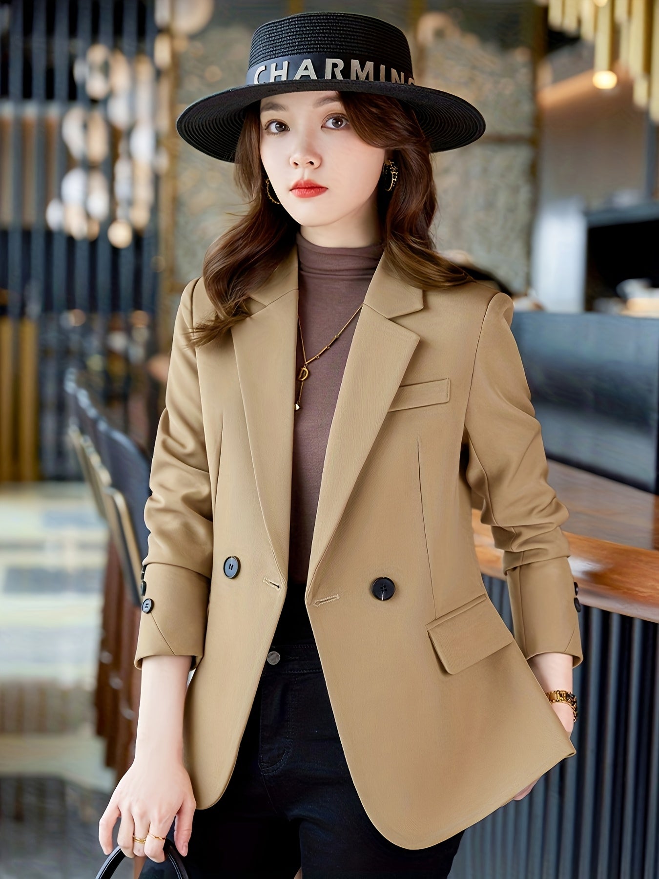 Women's Beige Double-Breasted Blazer with Lapel Collar for Spring