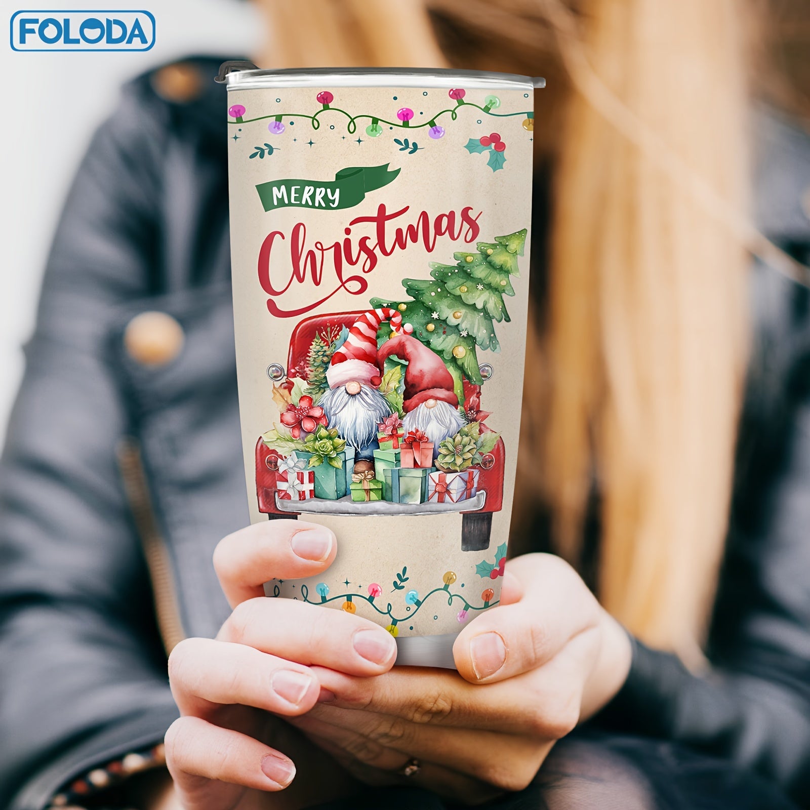 1 шт. 20oz Foloda Термокружка из нержавеющей стали с изоляцией, с дизайном Санта-Клауса и красной грузовика. Овальная форма, только ручная мойка, без ПВХ. Идеально подходит для бега и праздничных подарков. Путевая кружка с узорами «Счастливого Рождества».