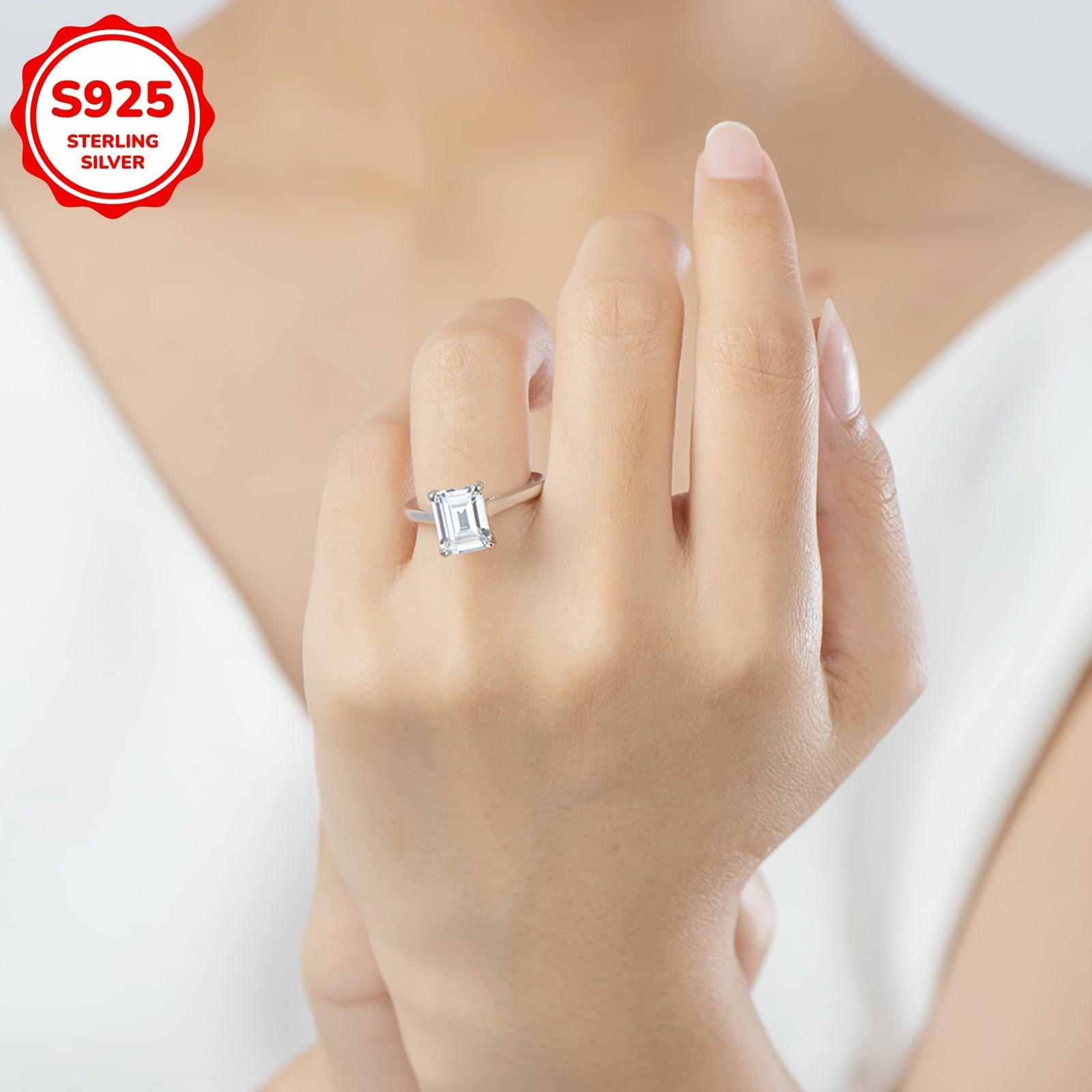 Sterling Silver Engagement Ring Cubic Zirconia Emerald Cut Wedding Jewelry