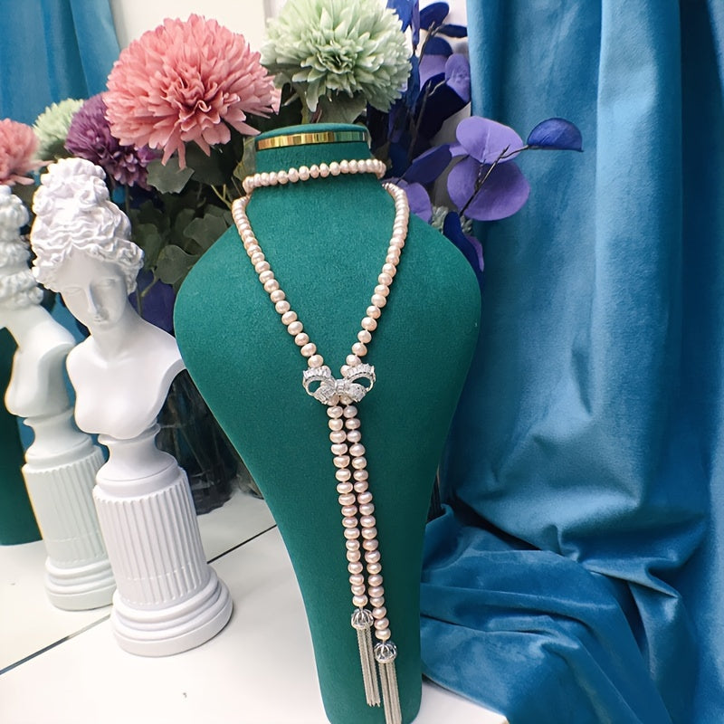 Freshwater Pearl Necklace with Cubic Zirconia Bow for Special Occasions