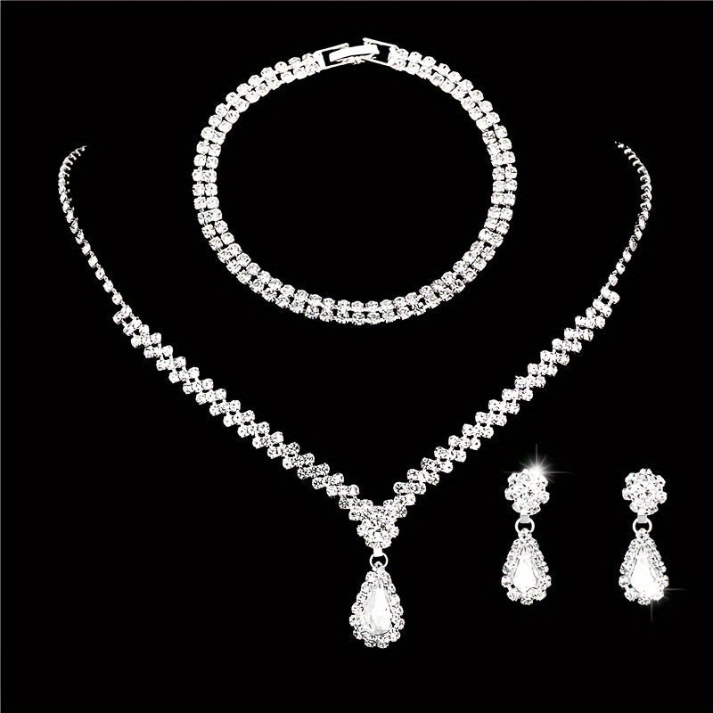 Silver Rhinestone Necklace and Earring Set with Teardrop Pendant for Weddings and Parties