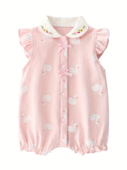 Baby Girl Pink Cotton Romper Sleeveless Summer Cartoon Ruffle Newborn 0-12 Months
