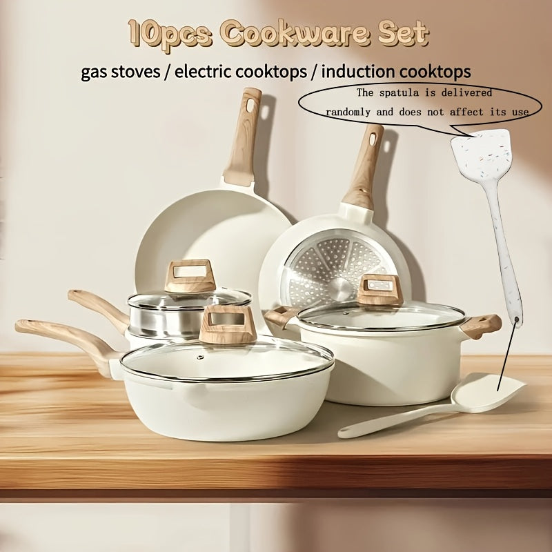 10 ta bo'lakli yopishmaydigan oq granit idishlar to'plami, qovurilgan panjara va qopqog'lar bilan