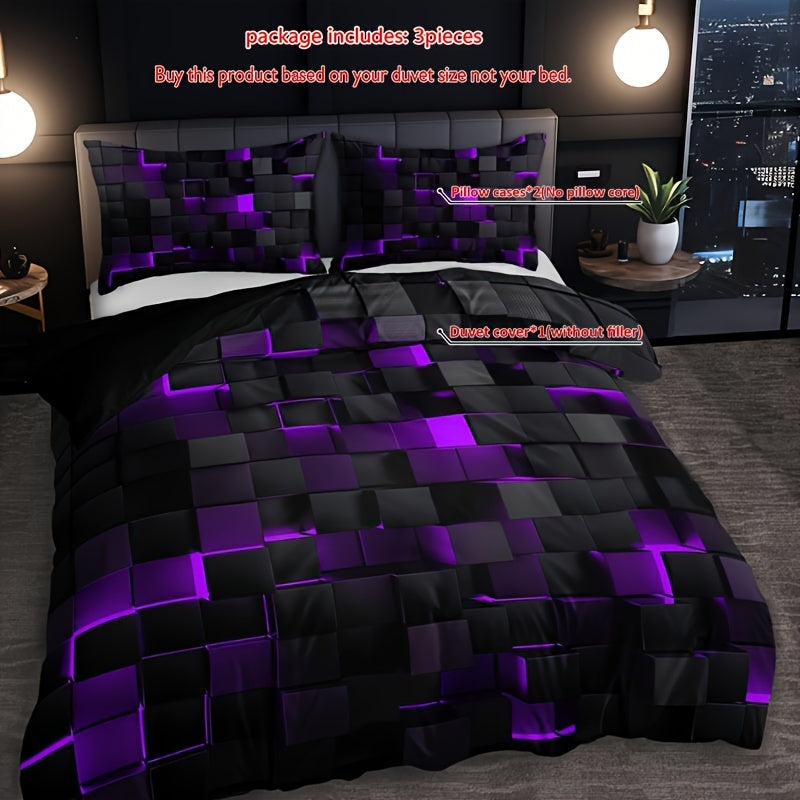 Grid Print Bedding Set 3-Piece Duvet Cover and Pillowcases for Bedroom or Guest Room