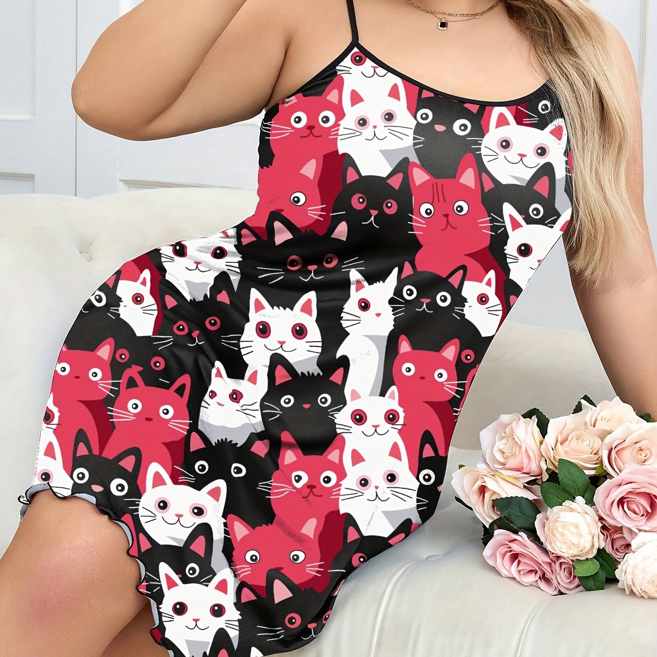 Women's Sleeveless Nightgown Casual Dress Red Black Cartoon Cat Print