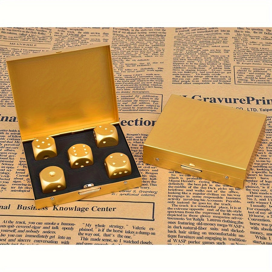Set of 5 Gold Aluminum Alloy Dice with Storage Box for Party Games
