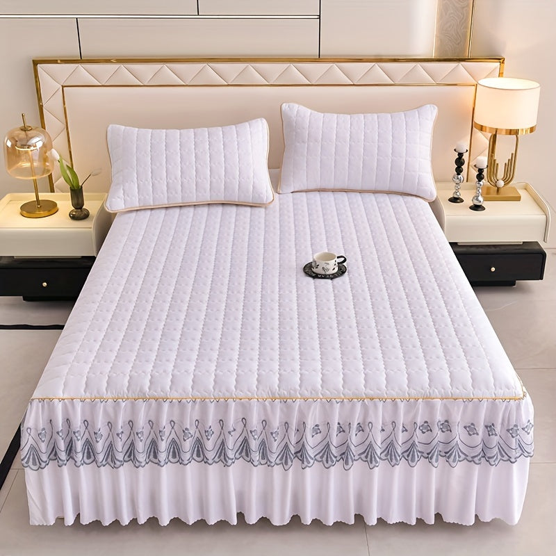 Luxury Bedding Set with Quilted Edge Bed Skirt Pillowcases Mattress Protector and Duvet Cover