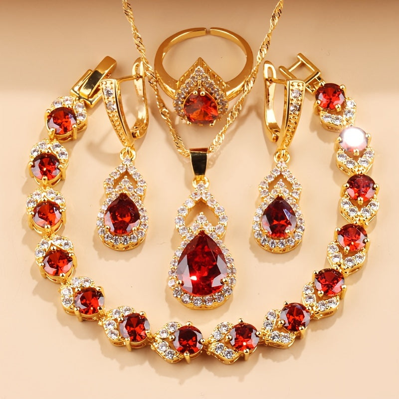 5-Piece Jewelry Set Teardrop Earrings Pendant Bracelet Ring Necklace Gold Plated Copper Gift for Her