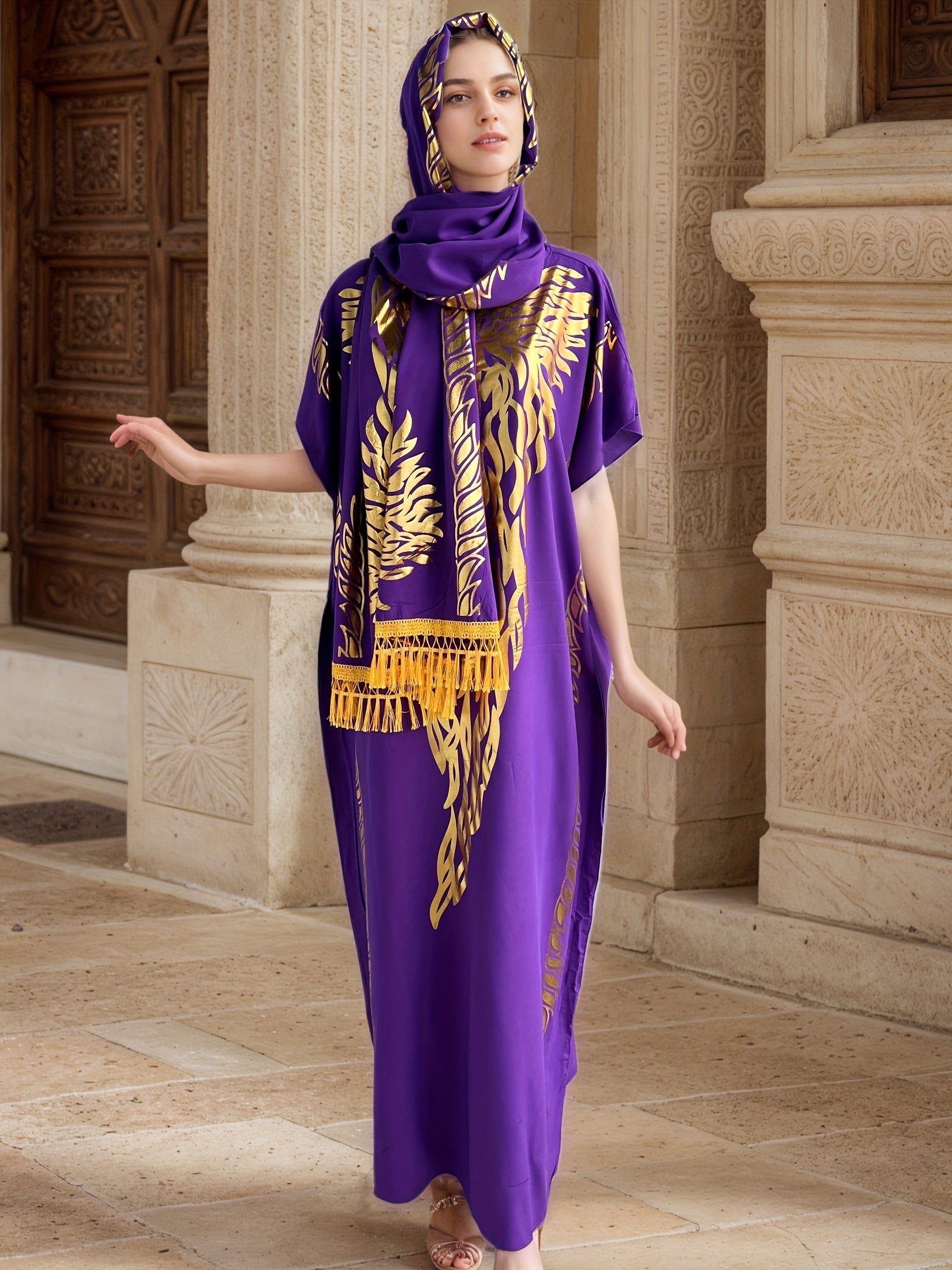 Plus o'lchamli musulmon kiyimi, tassel bosh kiyim bilan, batwing ko'krak, polga cho'zilgan, binafsha mato