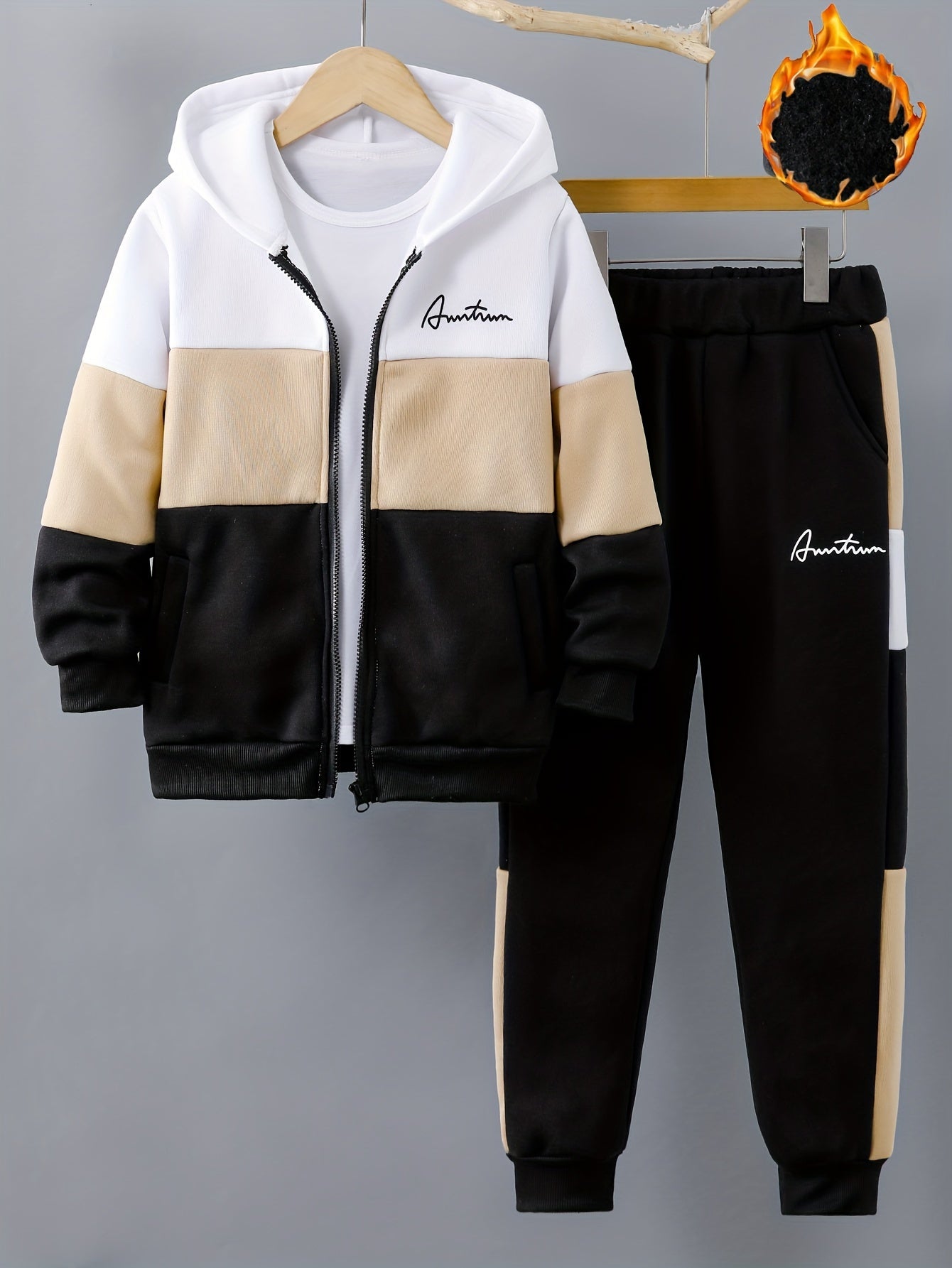 Kids Fleece Set with Letter Print Zip-Up Top and Warm Casual Outerwear for Fall Winter