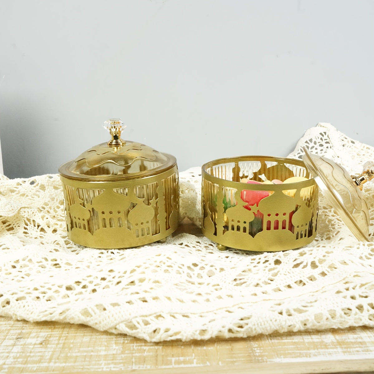 Set of 3 Metal Ramadan Trays with Castle Pattern Engraving and Lacquer Finish for Jewelry and Decor