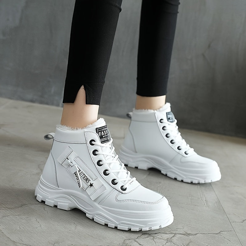 Women's Fleece-Lined Ankle Boots Black White Winter Outdoor Shoes