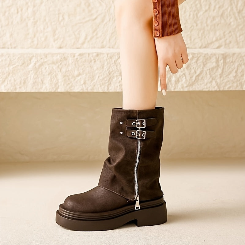 Женские сапоги в стиле вестерн из искусственной кожи с массивным каблуком и боковой молнией