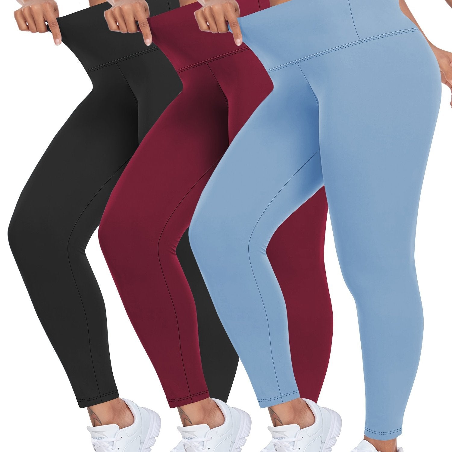 Leggings de talla grande de cintura alta de color sólido, pack de 3